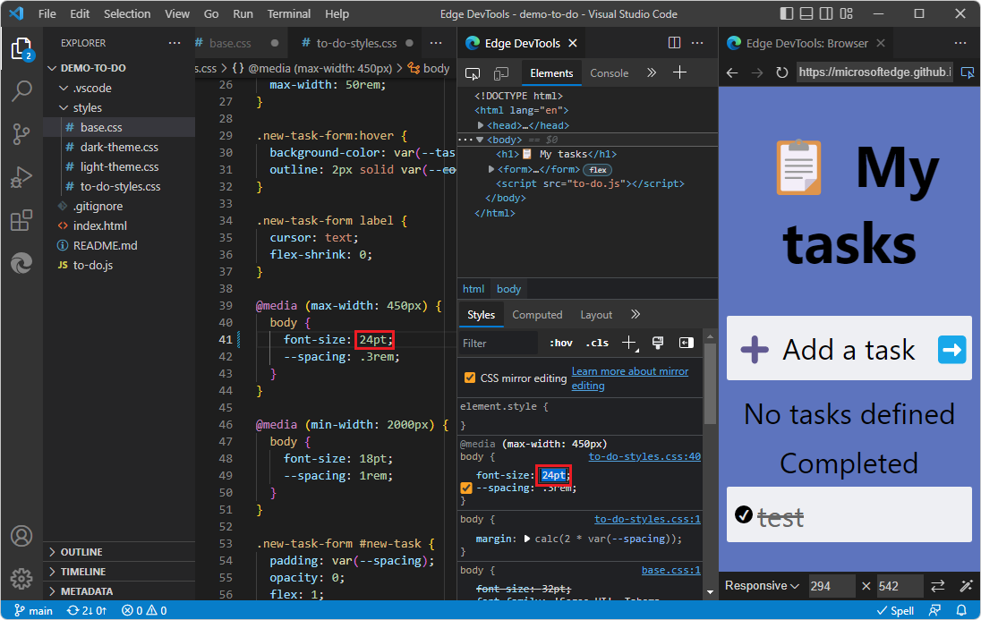 É possível alterar os valores do CSS se estiver aberta uma pasta mappable