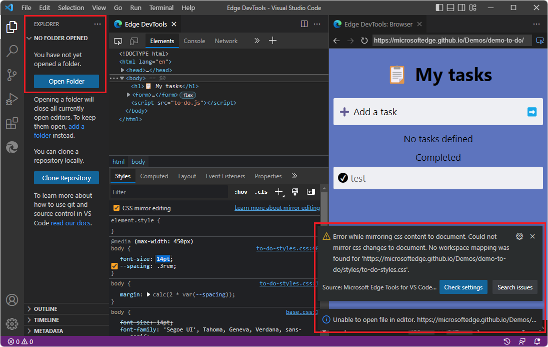 Explorer quando não é possível alterar os valores CSS se uma pasta mappable não estiver aberta
