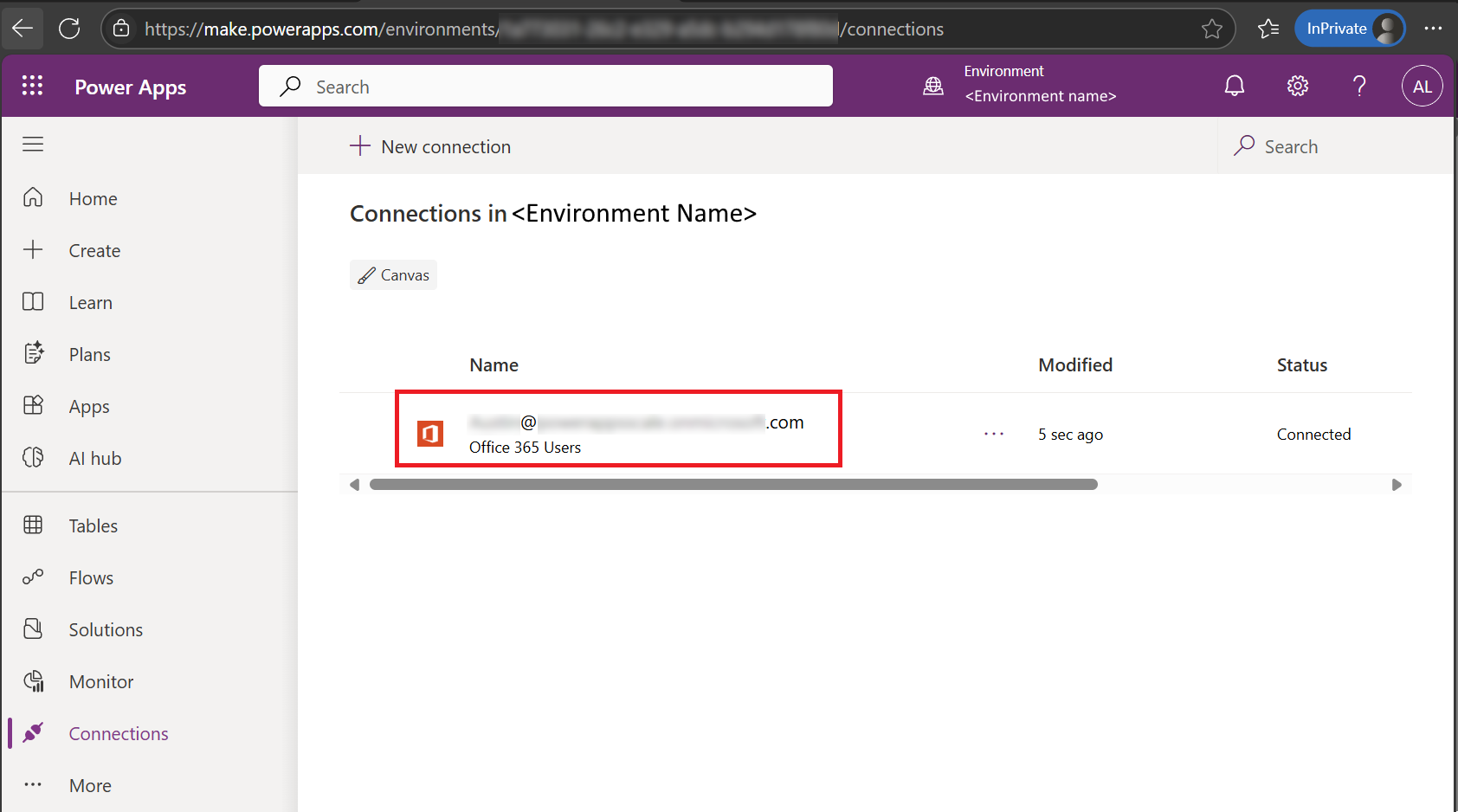 Selecione uma conexão no Power Apps para exibir seus detalhes