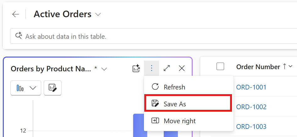 Captura de tela mostrando opções após clicar em três pontos no gráfico de visualização de dados.