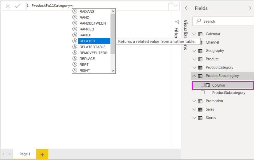 Captura de tela de RELATED escolhido na barra de fórmulas.