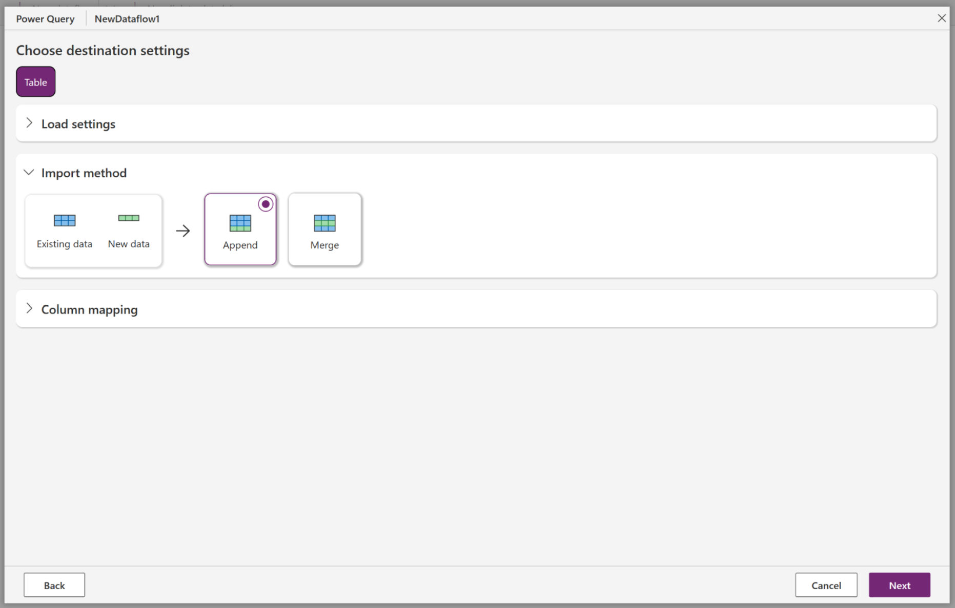 Captura de tela da caixa de diálogo Escolher configurações de destino, com a opção do método de importação exibida.