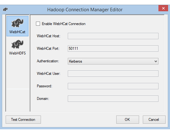 Editor do gerenciador de conexões do Hadoop com autenticação Kerberos Captura de tela do Editor do Gerenciador de Conexões do Hadoop com autenticação Kerberos