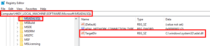 Captura de tela da chave do registro para adal.dll.
