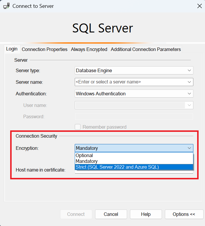 Captura de tela da caixa de diálogo Conectar-se ao servidor no SQL Server Management Studio.