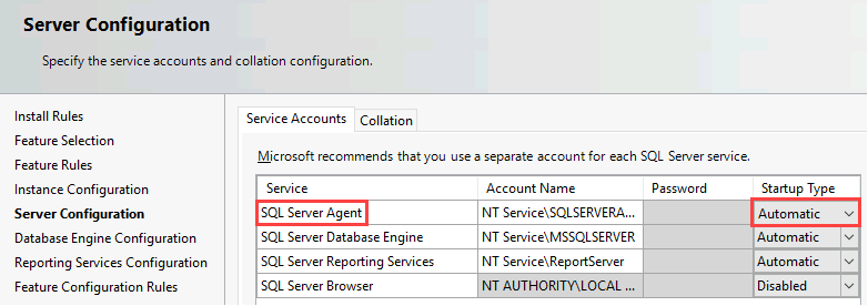 Captura de tela da página Configuração do Servidor. Em uma tabela, o serviço SQL Server Agent e um tipo de inicialização Automático estão em destaque.