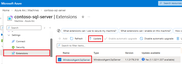 Captura de tela do painel da Extensão para a Máquina - Azure Arc no portal do Azure, com a atualização destacada.