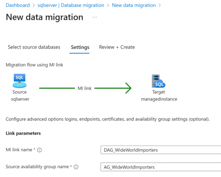 Captura de tela dos parâmetros de link na página de configurações de uma nova migração de dados no portal do Azure.