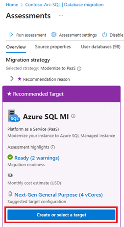 Captura de tela que mostra o painel Avaliações no portal do Azure, com Criar destino realçado.