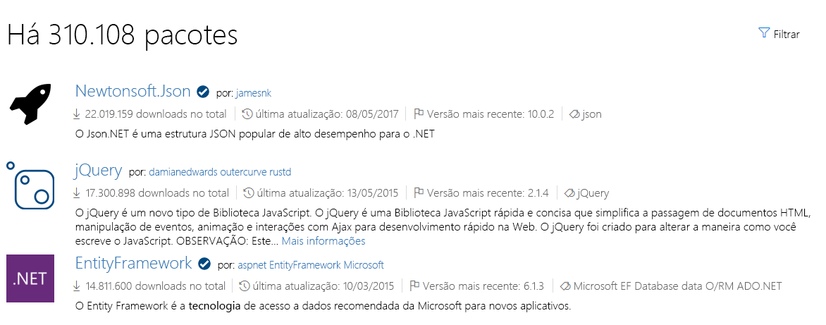 Captura de tela de NuGet.org mostrando uma lista de pacotes populares.