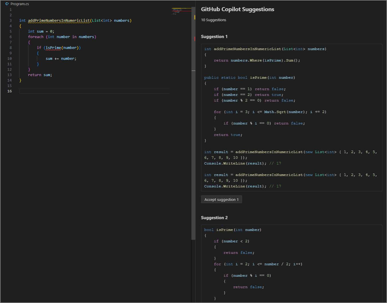 Captura de tela mostrando a guia Sugestões do Copilot do GitHub.
