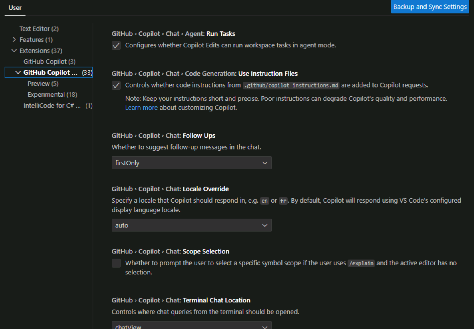 Captura de tela mostrando as configurações de extensão do GitHub Copilot Chat.