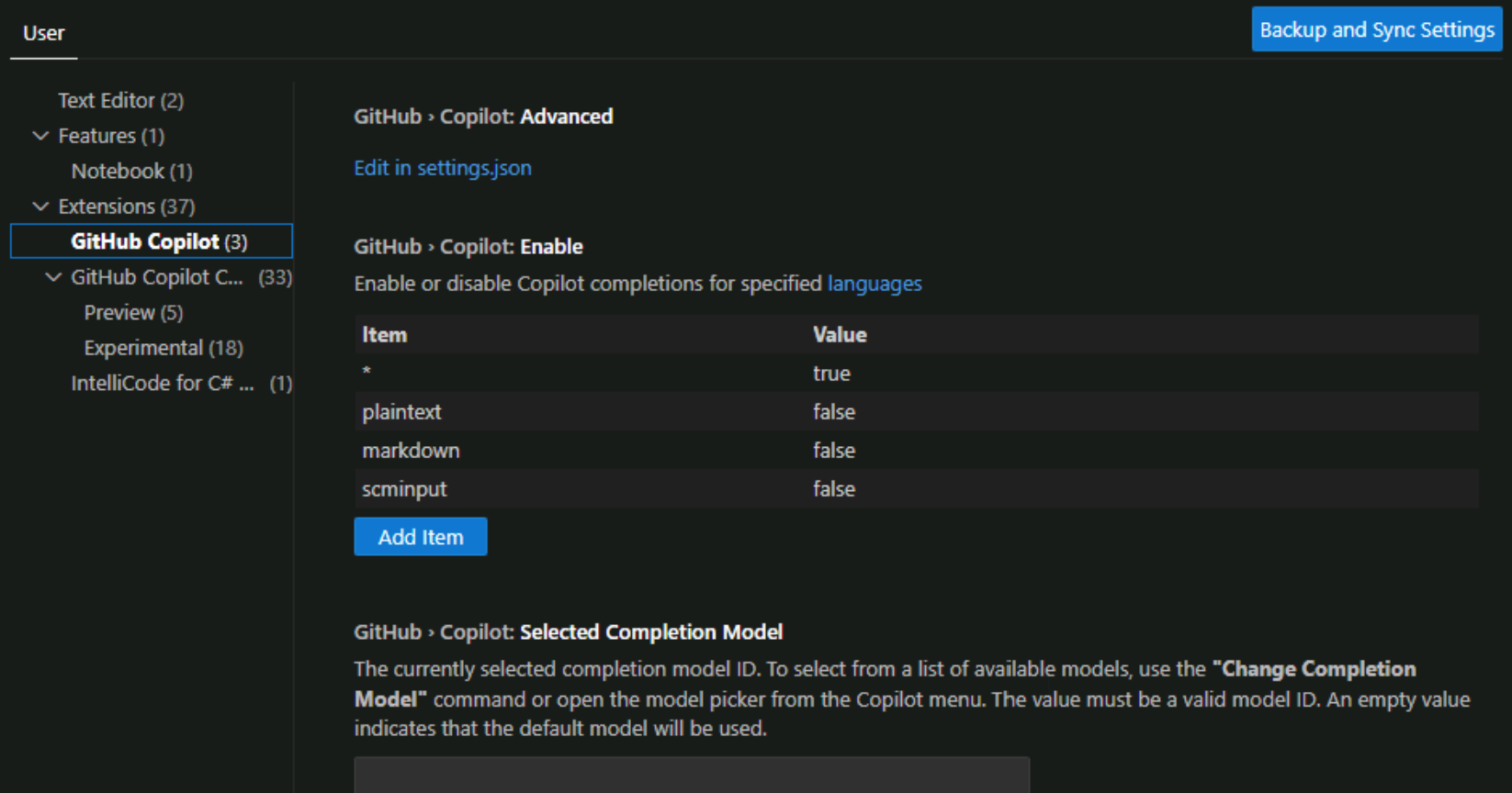 Captura de tela mostrando as configurações de extensão do GitHub Copilot.