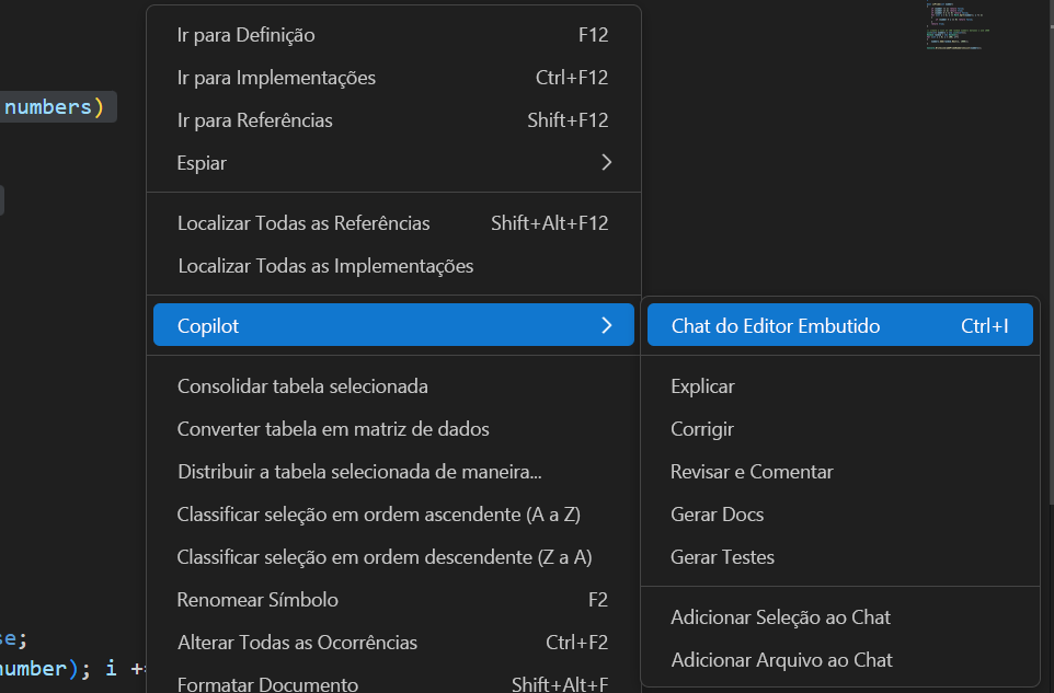 Captura de tela mostrando como acessar o chat embutido no menu Copilot no Visual Studio Code.
