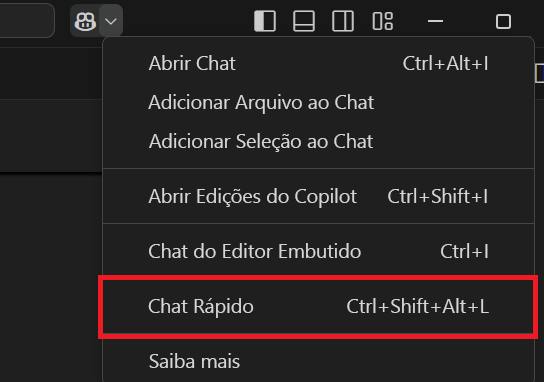 Captura de tela mostrando como acessar o modo de exibição de Chat rápido no Visual Studio Code.