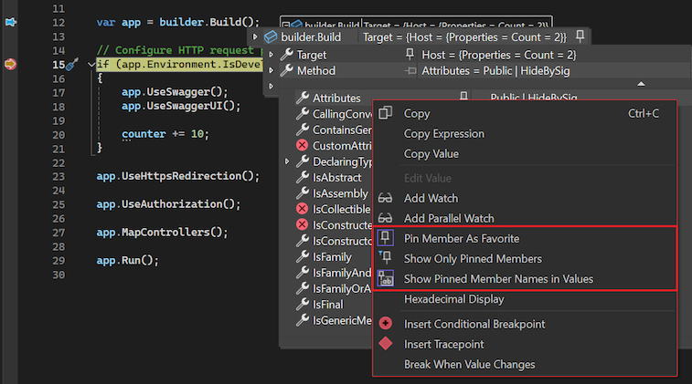 Captura de tela do menu de clique com o botão direito do mouse para membros em uma dica de dados, que inclui as opções 