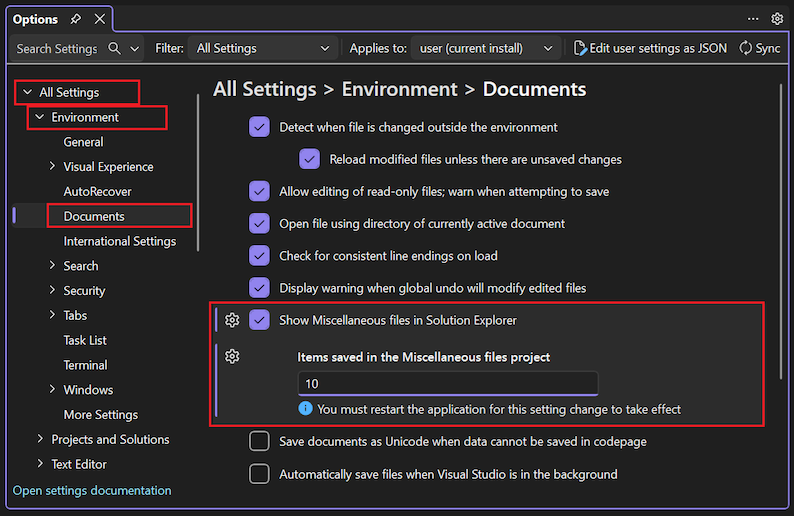 Captura de tela que mostra como configurar a opção Mostrar Arquivos Diversos no Gerenciador de Soluções no Visual Studio.
