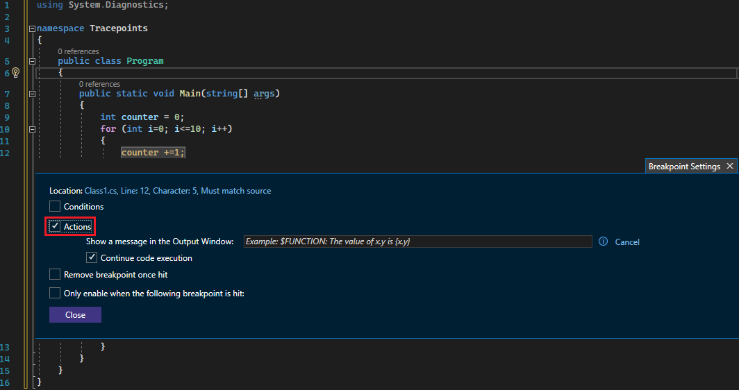 Captura de tela da janela do ponto de interrupção com a Caixa de Ações marcada.