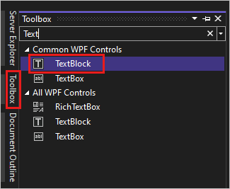 Captura de tela mostrando a janela Caixa de Ferramentas com o controle TextBlock realçado na lista de Controles Comuns do WPF.