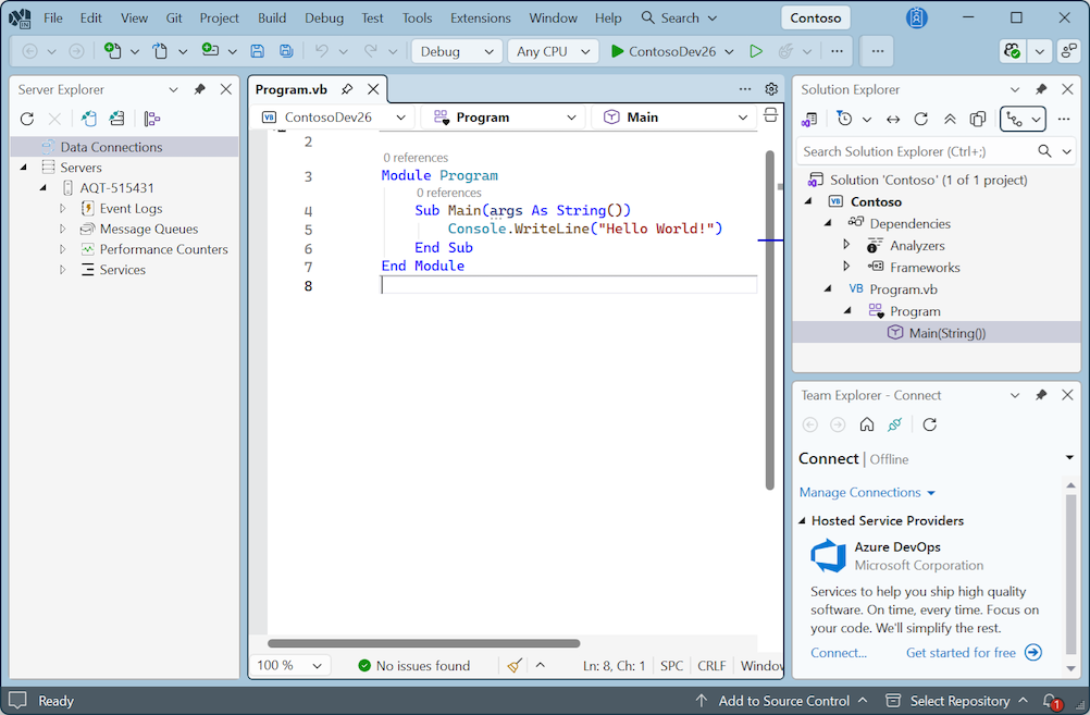 Captura de tela que mostra o visual studio no tema Cool Breeze.