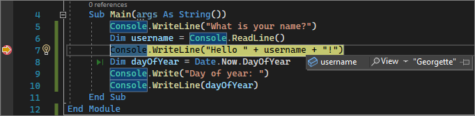 captura de tela que mostra um valor variável durante a depuração no Visual Studio.