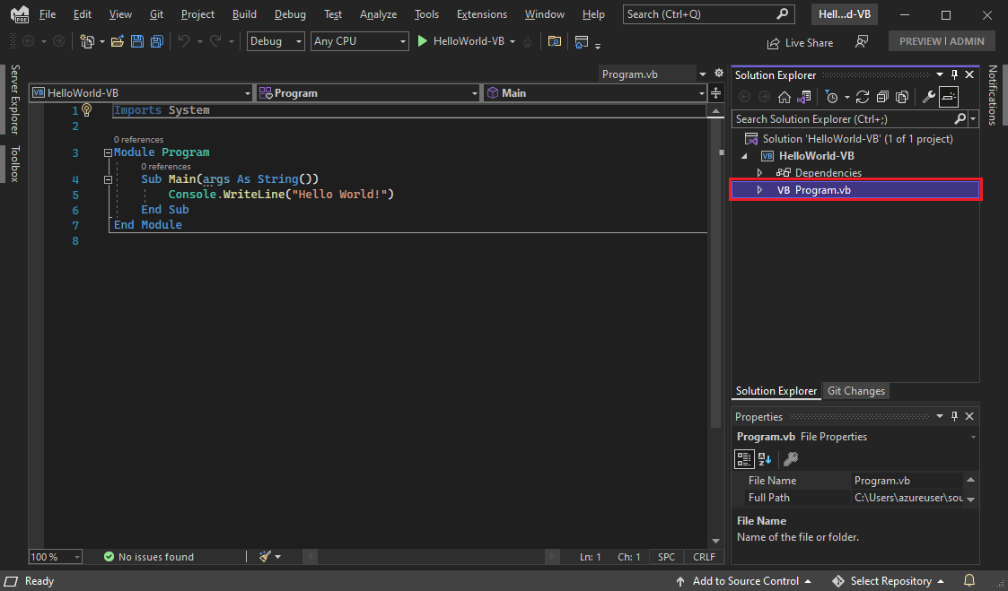 Captura de tela que mostra o I D E do Visual Studio com o código Program ponto V B no editor.