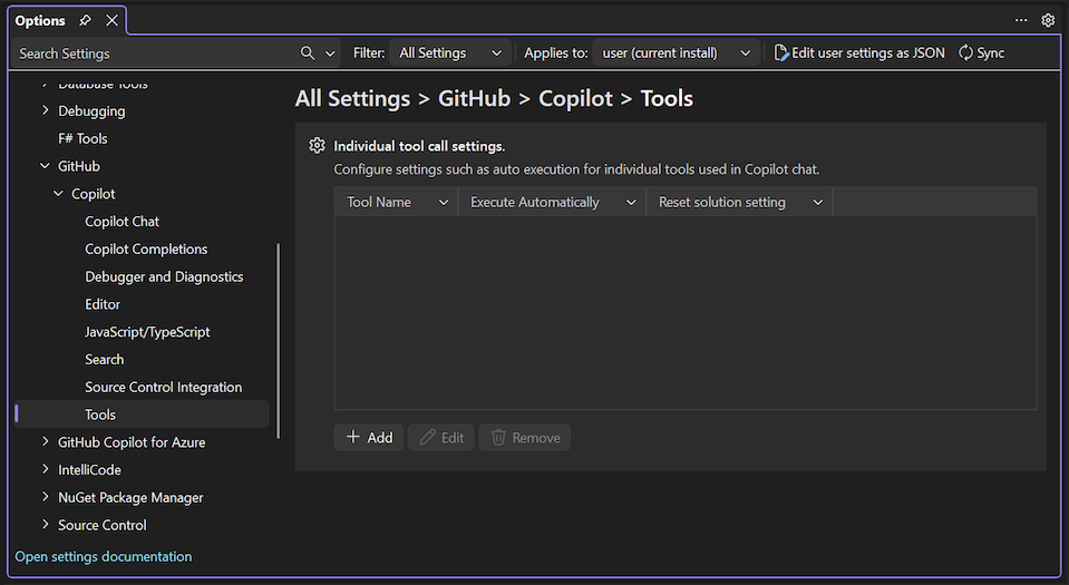 Captura de tela que mostra as configurações de chamada de ferramenta do GitHub Copilot no Visual Studio.