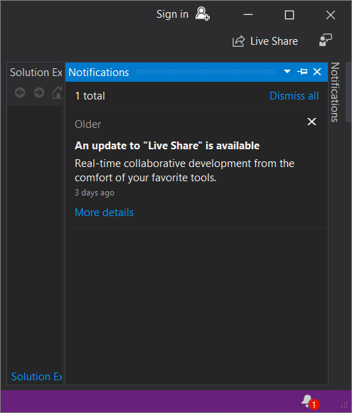 Captura de tela da janela Notificações no IDE do Visual Studio.