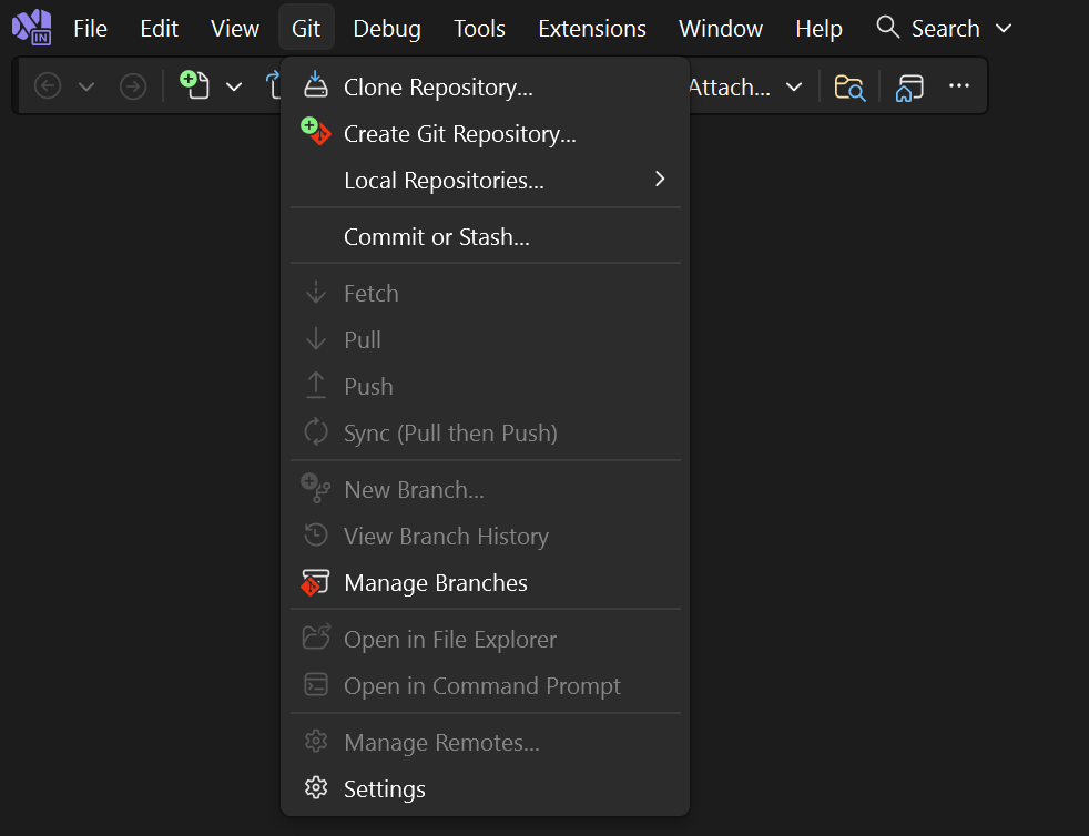 Captura de tela que mostra a opção completa de Clonar Repositório do menu Git no Visual Studio.