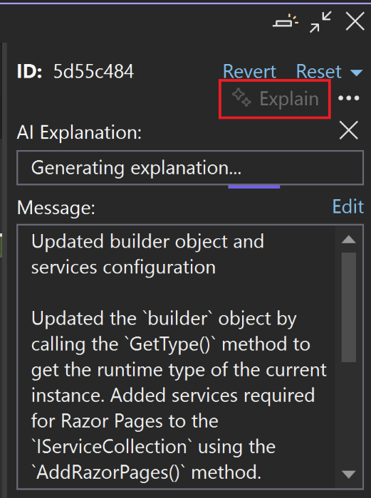 Captura de tela do botão de explicação para solicitar que o GitHub Copilot crie uma descrição de commit.