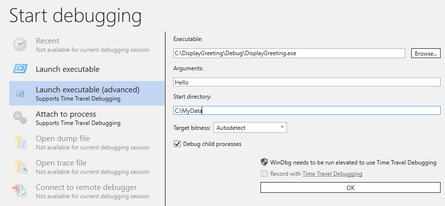 Captura de tela da caixa de diálogo do executável de lançamento (avançado) exibindo opções.