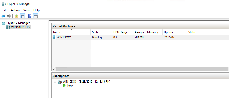 Captura de tela do ponto de verificação criado no Gerenciador do Hyper V