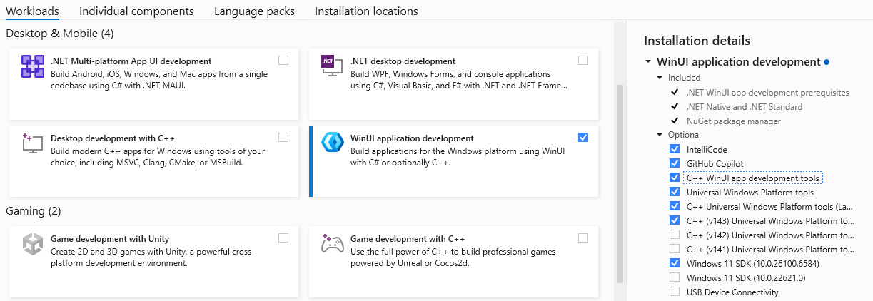 Uma captura de tela da interface do usuário do instalador do Visual Studio com a carga de trabalho de desenvolvimento de aplicativos WinUI selecionada.