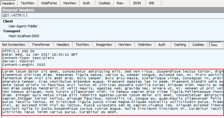 Janela do Fiddler mostrando o resultado de uma solicitação sem o cabeçalho Accept-Encoding. A resposta não é comprimida.