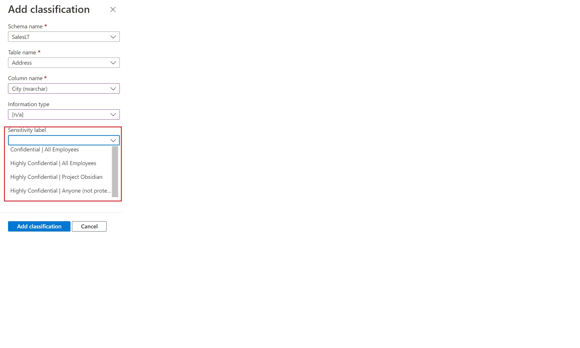 Captura de ecrã da lista suspensa rótulo de sensibilidade.
