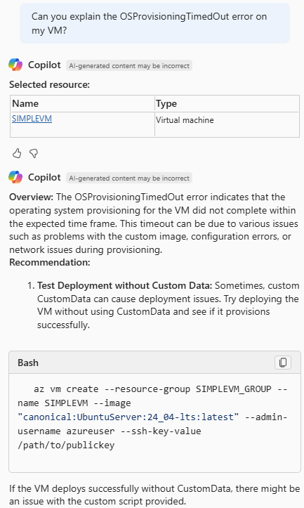 Captura de ecrã do Azure Copilot a explicar um erro de VM e como resolvê-lo.
