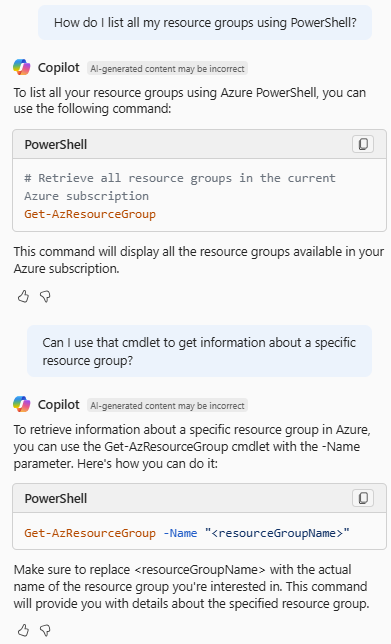 Captura de ecrã do Azure Copilot a fornecer o cmdlet PowerShell para listar grupos de recursos.