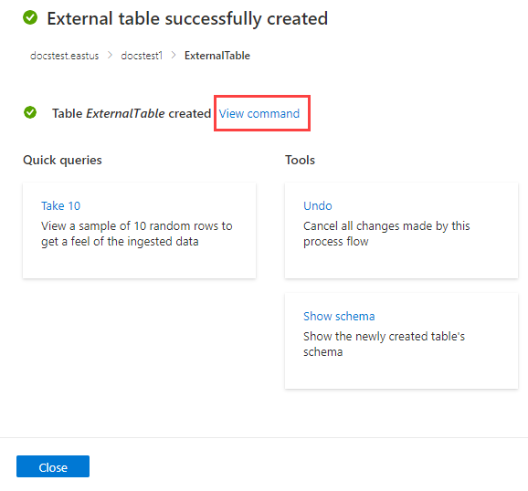 Captura de ecrã da criação bem-sucedida de uma tabela externa no Azure Data Explorer.