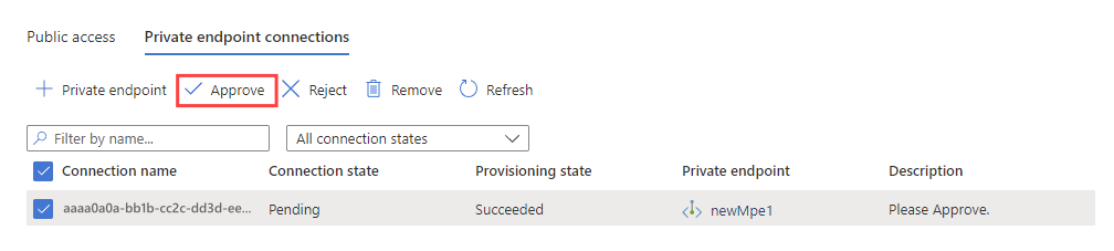 Captura de ecrã da página de rede, mostrando a aprovação do ponto de extremidade privado gerido para o serviço *Event Hubs*.
