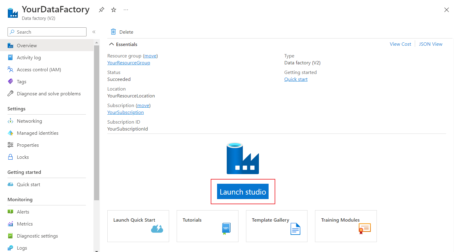 Captura de ecrã do portal do Azure que mostra detalhes do data factory recém-criado, com o botão para abrir o Azure Data Factory Studio realçado.
