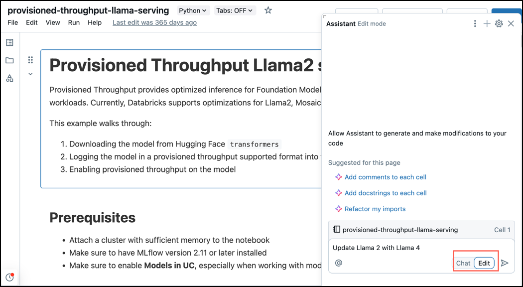 Modo de edição no painel Assistente do Databricks.