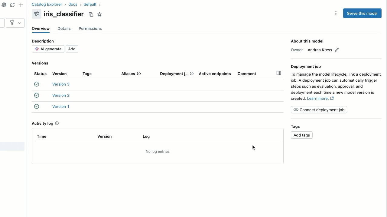 Como adicionar um alias a uma versão do modelo na página de detalhes do modelo.