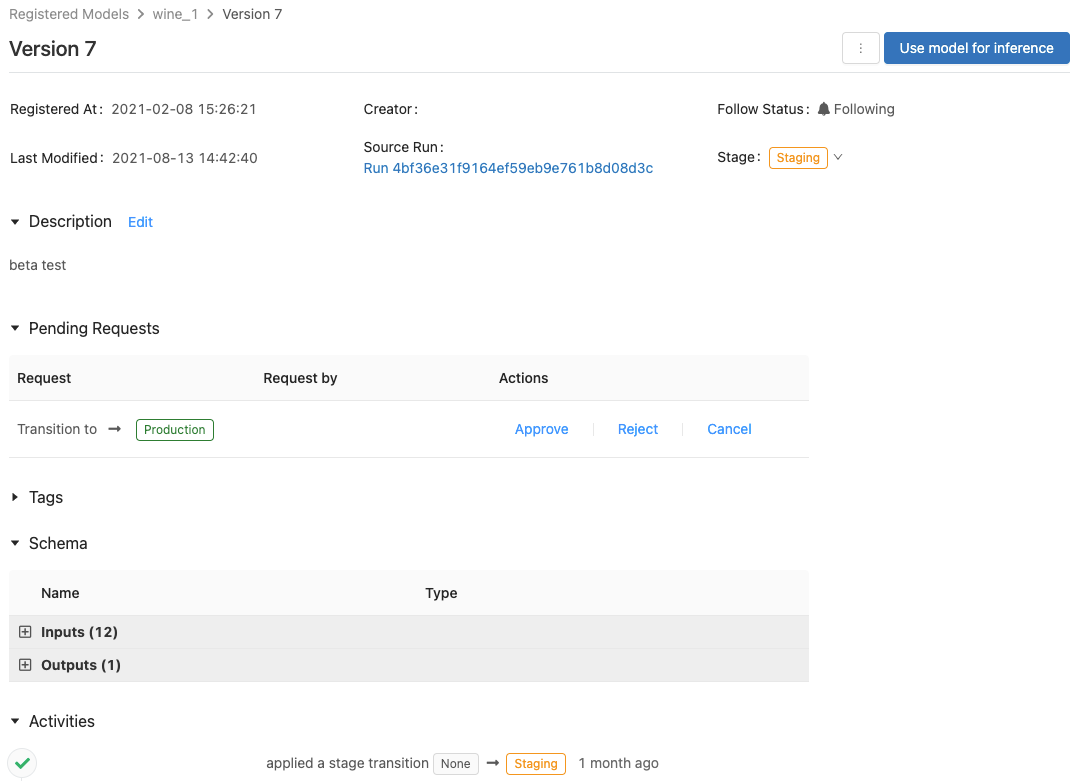 Página da versão do modelo MLflow 2.x