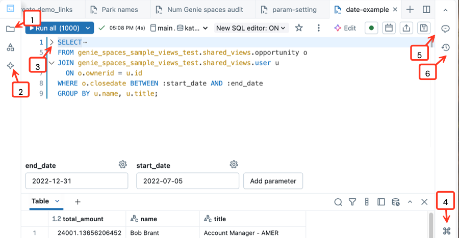 Captura de tela mostrando o editor SQL com textos explicativos rotulados conforme indicado no texto.