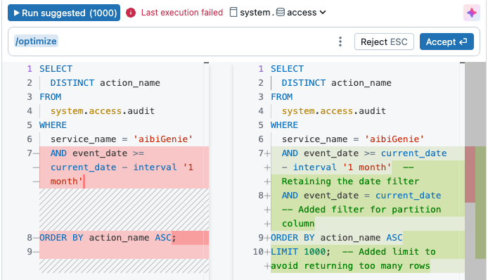 Uma consulta otimizada gerada usando o comando /otimize com o Databricks Assistant