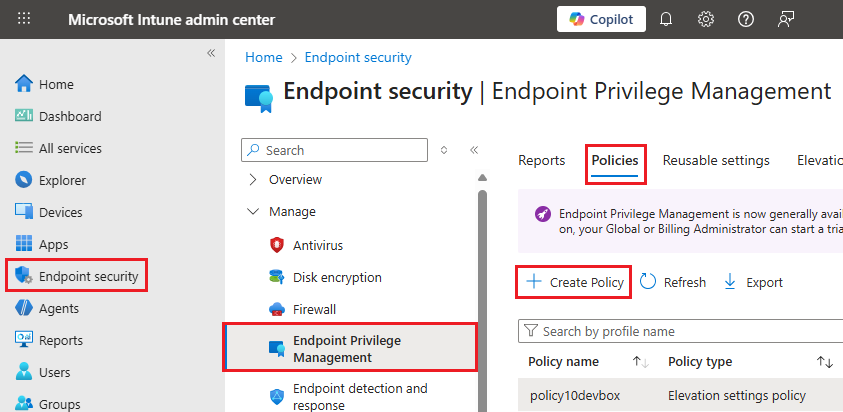 Captura de ecrã que mostra o centro de administração do Microsoft Intune, mostrando o painel de Gestão de Privilégios de Endpoint.