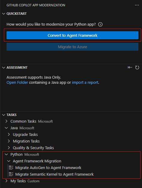 Captura de ecrã do Visual Studio Code que mostra o painel de modernização da aplicação GitHub Copilot com o botão Converter para Agent Framework destacado.