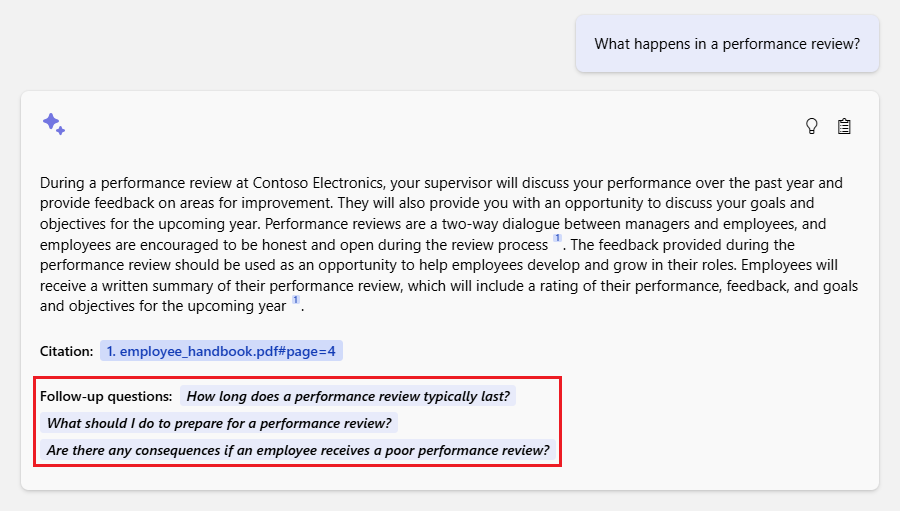 Captura de tela que mostra como o aplicativo de bate-papo fornece sugestões de perguntas de acompanhamento após a resposta.