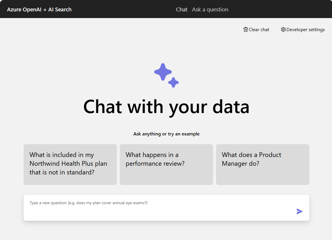 Captura de tela do aplicativo de bate-papo mostrando várias sugestões para entrada de bate-papo e a caixa de texto do bate-papo para inserir uma pergunta.