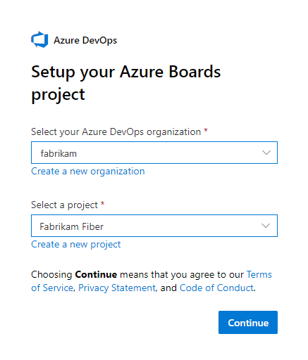 A captura de tela mostra a página Configurar seu projeto do Azure Boards onde você seleciona uma organização e um projeto.